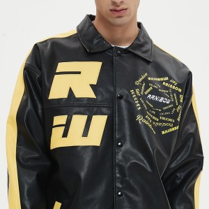 Faux Leather Jacket | Racing | Biker | Button | Applique Embroidered | Streetwear Manufacturer