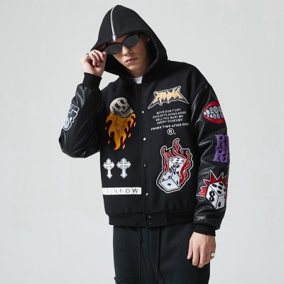 Chaqueta universitaria con capucha para hombre | Parches de chenilla personalizados | Bordado | Manga de cuero | Fabricante de ropa de calle