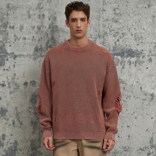 Distressed Knit Sweater For Men | Crew Neck | Vintage Acid Wash Angora Red | Streetwear