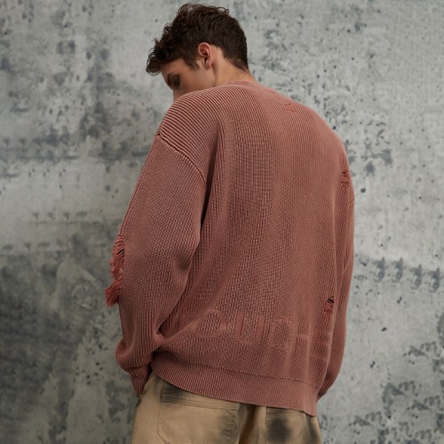 Distressed Knit Sweater For Men | Crew Neck | Vintage Acid Wash Angora Red | Streetwear