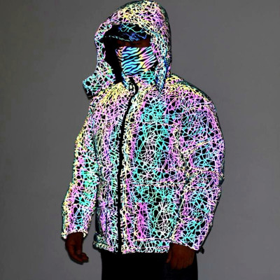 Rainbow Reflective Puffer Jacket Men | Luminous | Hooded | Zip Up | Custom Streetwear Manufacturer