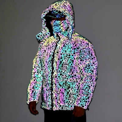 Rainbow Reflective Puffer Jacket Men | Luminous | Hooded | Zip Up | Custom Streetwear Manufacturer