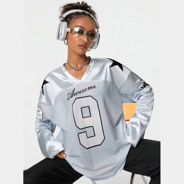 Maillot oversize femme | T-shirt manches longues | Sport | Imprimé lettre | Fournisseur de vêtements streetwear