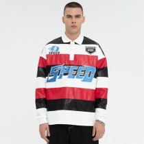 Striped Long Sleeve Polo Shirt | Leather Contrast | With Embroidery Logo | Custom Streetwear