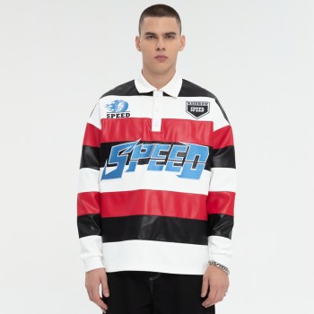 Striped Long Sleeve Polo Shirt | Leather Contrast | With Embroidery Logo | Custom Streetwear