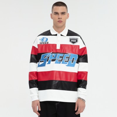 Striped Long Sleeve Polo Shirt | Leather Contrast | With Embroidery Logo | Custom Streetwear