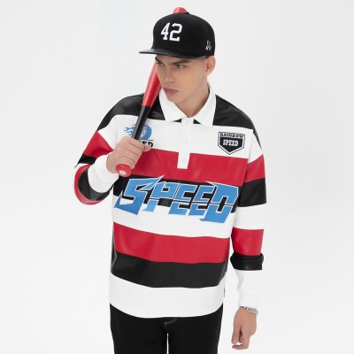 Striped Long Sleeve Polo Shirt | Leather Contrast | With Embroidery Logo | Custom Streetwear