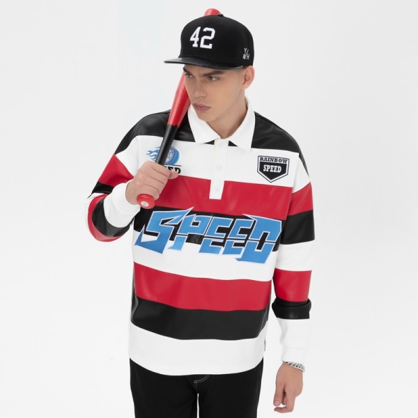 Striped Long Sleeve Polo Shirt | Leather Contrast | With Embroidery Logo | Custom Streetwear