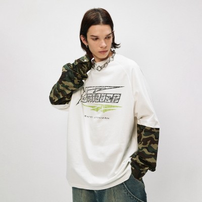 Double Layer Long Sleeve T-shirt | Oversized | Camo Sleeve | Printing Logo | High Street Men