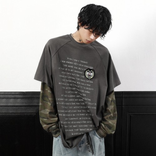 Double Layer Long Sleeve T-shirt | American Retro | Camouflage | Oversized Streetwar Men