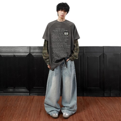 Double Layer Long Sleeve T-shirt | American Retro | Camouflage | Oversized Streetwar Men