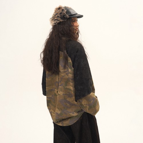 Double Layer Long Sleeve T-shirt | Camo Oversized | American Retro | Women Streetwear