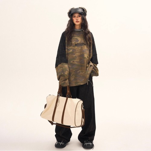 Double Layer Long Sleeve T-shirt | Camo Oversized | American Retro | Women Streetwear
