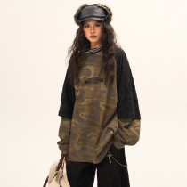 Double Layer Long Sleeve T-shirt | Camo Oversized | American Retro | Women Streetwear