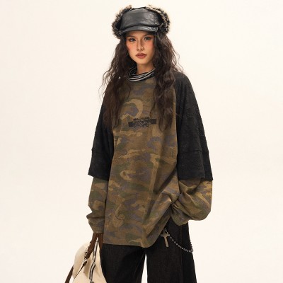 Double Layer Long Sleeve T-shirt | Camo Oversized | American Retro | Women Streetwear