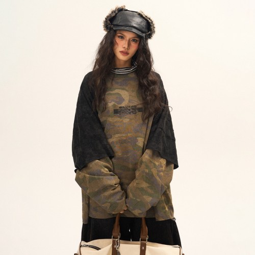 Double Layer Long Sleeve T-shirt | Camo Oversized | American Retro | Women Streetwear