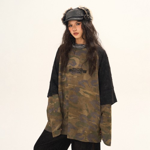 Double Layer Long Sleeve T-shirt | Camo Oversized | American Retro | Women Streetwear