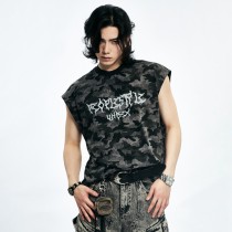 Camo Sleeveless T-shirt | Vintage Washed | Streetwear Unisex | Custom Clothing Manufacturers
