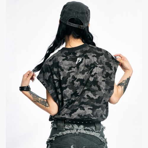 Camo Sleeveless T-shirt | Vintage Washed | Streetwear Unisex | Custom Clothing Manufacturers