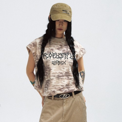 Camo Sleeveless T-shirt | Vintage Washed | Streetwear Unisex | Custom Clothing Manufacturers