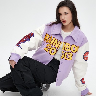 Wool Varsity Bomber Jacket Women | Chenille Embroidery | With Leather Sleeve | Custom Streetwear