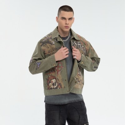Tribal Print Canvas Jacket Men | Acid Wash | 100% Cotton | Streetwear | B2B Customizable