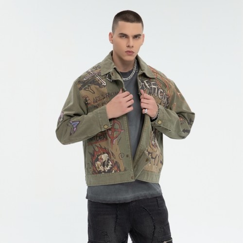 Tribal Print Canvas Jacket Men | Acid Wash | 100% Cotton | Streetwear | B2B Customizable