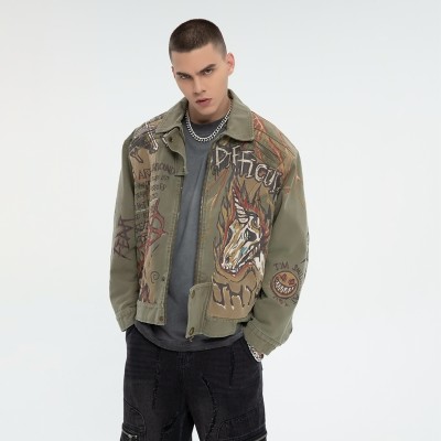 Tribal Print Canvas Jacket Men | Acid Wash | 100% Cotton | Streetwear | B2B Customizable