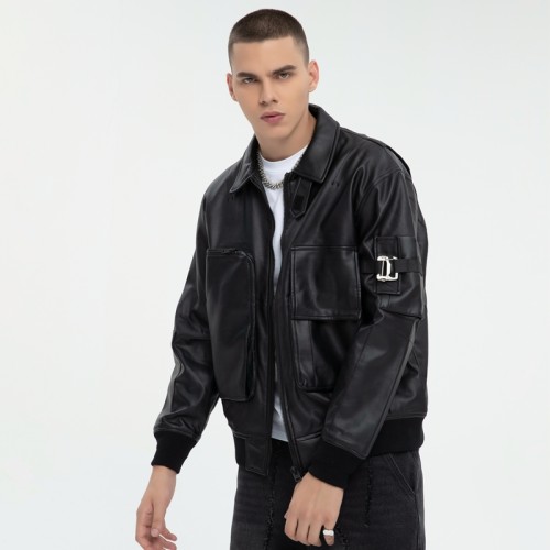 Dark PU Leather Bomber Jacket | 3D Pockets | Patchwork | Custom Streetwear Manufacturer