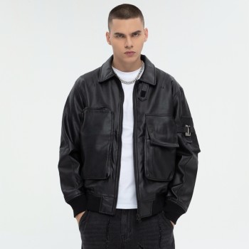 Dark PU Leather Bomber Jacket | 3D Pockets | Patchwork | Custom Streetwear Manufacturer