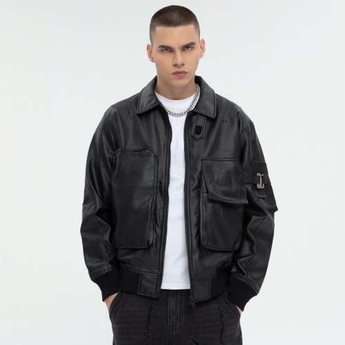 Dark PU Leather Bomber Jacket | 3D Pockets | Patchwork | Custom Streetwear Manufacturer