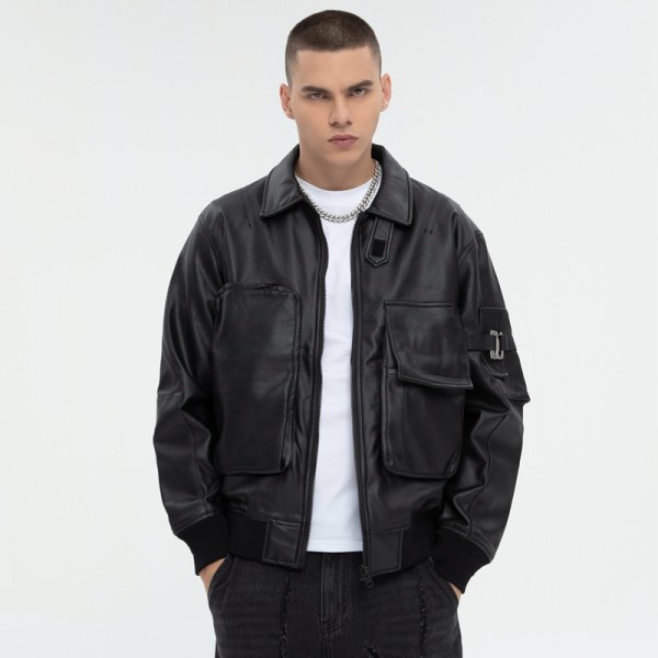 Dark PU Leather Bomber Jacket | 3D Pockets | Patchwork | Custom Streetwear Manufacturer