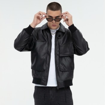 Dark PU Leather Bomber Jacket | 3D Pockets | Patchwork | Custom Streetwear Manufacturer