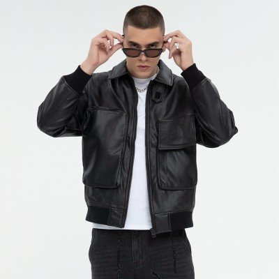Dark PU Leather Bomber Jacket | 3D Pockets | Patchwork | Custom Streetwear Manufacturer