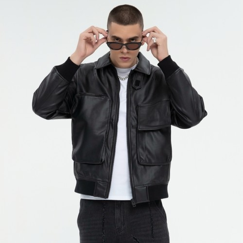 Dark PU Leather Bomber Jacket | 3D Pockets | Patchwork | Custom Streetwear Manufacturer