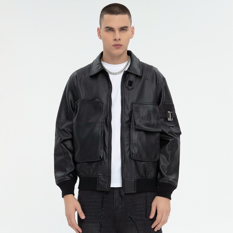 Dark PU Leather Bomber Jacket