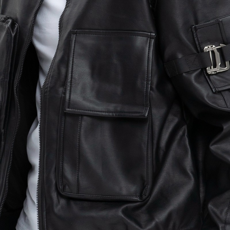 Dark PU Leather Bomber Jacket