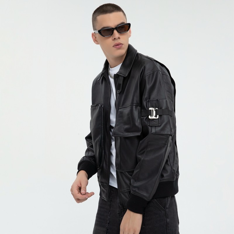 Dark PU Leather Bomber Jacket