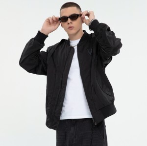 Dark Nylon Bomber Jacket | Metal Patchwork | Street Style | Custom Clothing Manufacturer