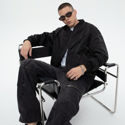 Dark Nylon Bomber Jacket | Metal Patchwork | Street Style | Custom Clothing Manufacturer