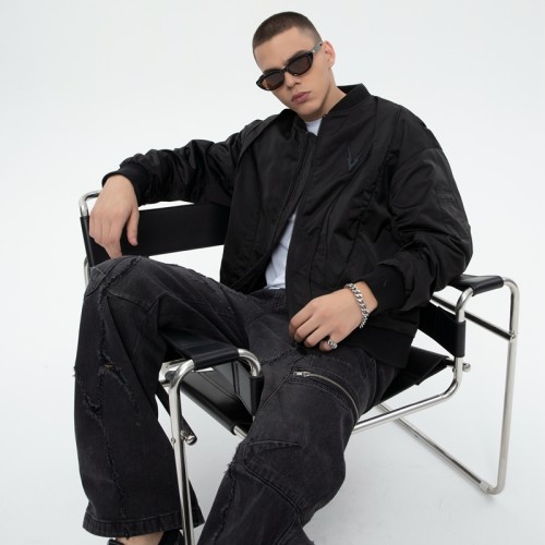 Dark Nylon Bomber Jacket | Metal Patchwork | Street Style | Custom Clothing Manufacturer