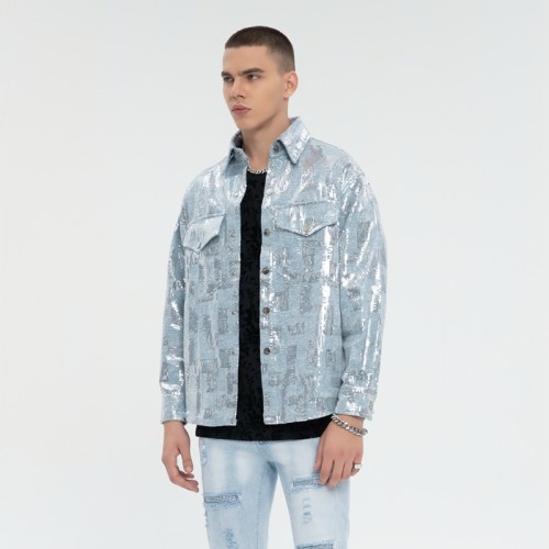Sequined Silver Reflective Denim Jacket Men | Street Style | 100% Cotton | Streetwear Manufacturer