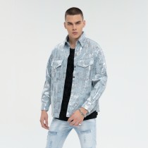 Sequined Silver Reflective Denim Jacket Men | Street Style | 100% Cotton | Streetwear Manufacturer