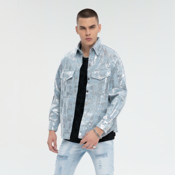 Sequined Silver Reflective Denim Jacket Men | Street Style | 100% Cotton | Streetwear Manufacturer