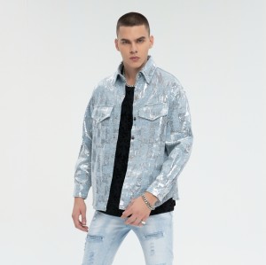Sequined Silver Reflective Denim Jacket Men | Street Style | 100% Cotton | Streetwear Manufacturer