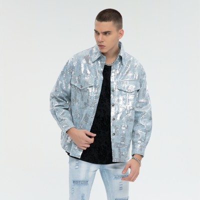 Sequined Silver Reflective Denim Jacket Men | Street Style | 100% Cotton | Streetwear Manufacturer