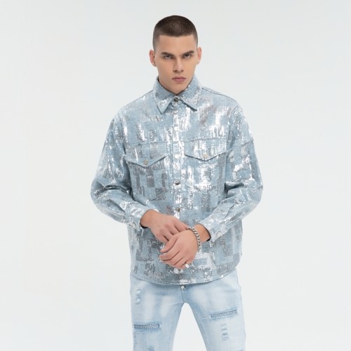 Sequined Silver Reflective Denim Jacket Men | Street Style | 100% Cotton | Streetwear Manufacturer