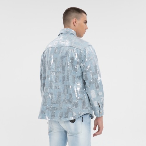 Sequined Silver Reflective Denim Jacket Men | Street Style | 100% Cotton | Streetwear Manufacturer