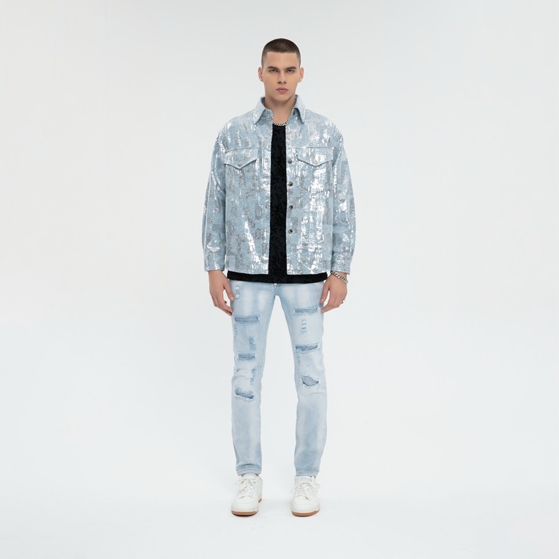 Sequined Silver Reflective Denim Jacket Men