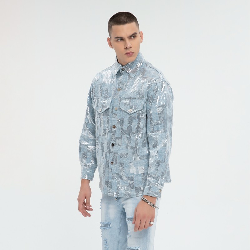 Sequined Silver Reflective Denim Jacket Men